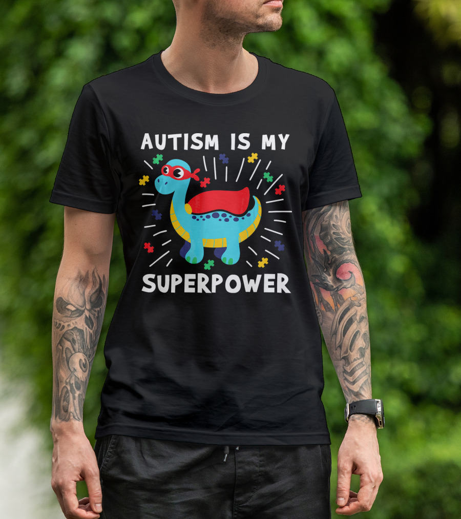 Autism Is My Superpower Dinosaur With Puzzle Pieces And Hero Cape T-Shirt