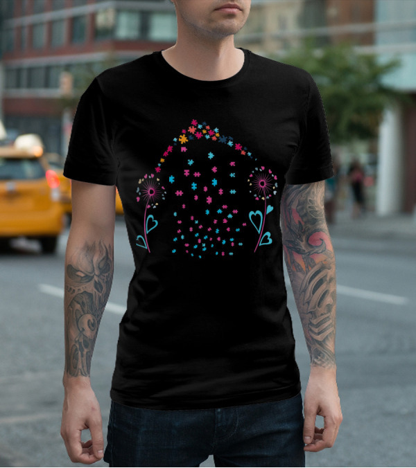 Dandelion Flower Puzzle Pieces Autism Heart T-Shirt
