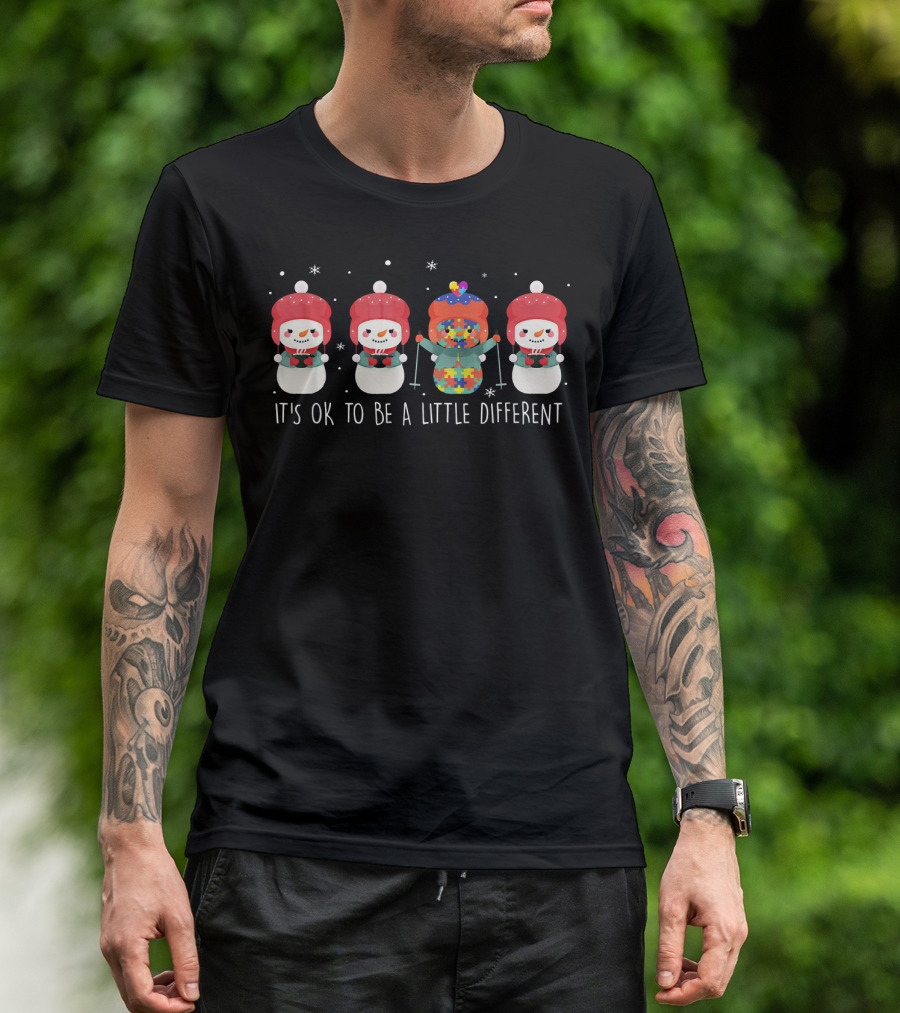 Snowman It's OK To Be A Little Different Autism Puzzle Piece Bowtie T-Shirt