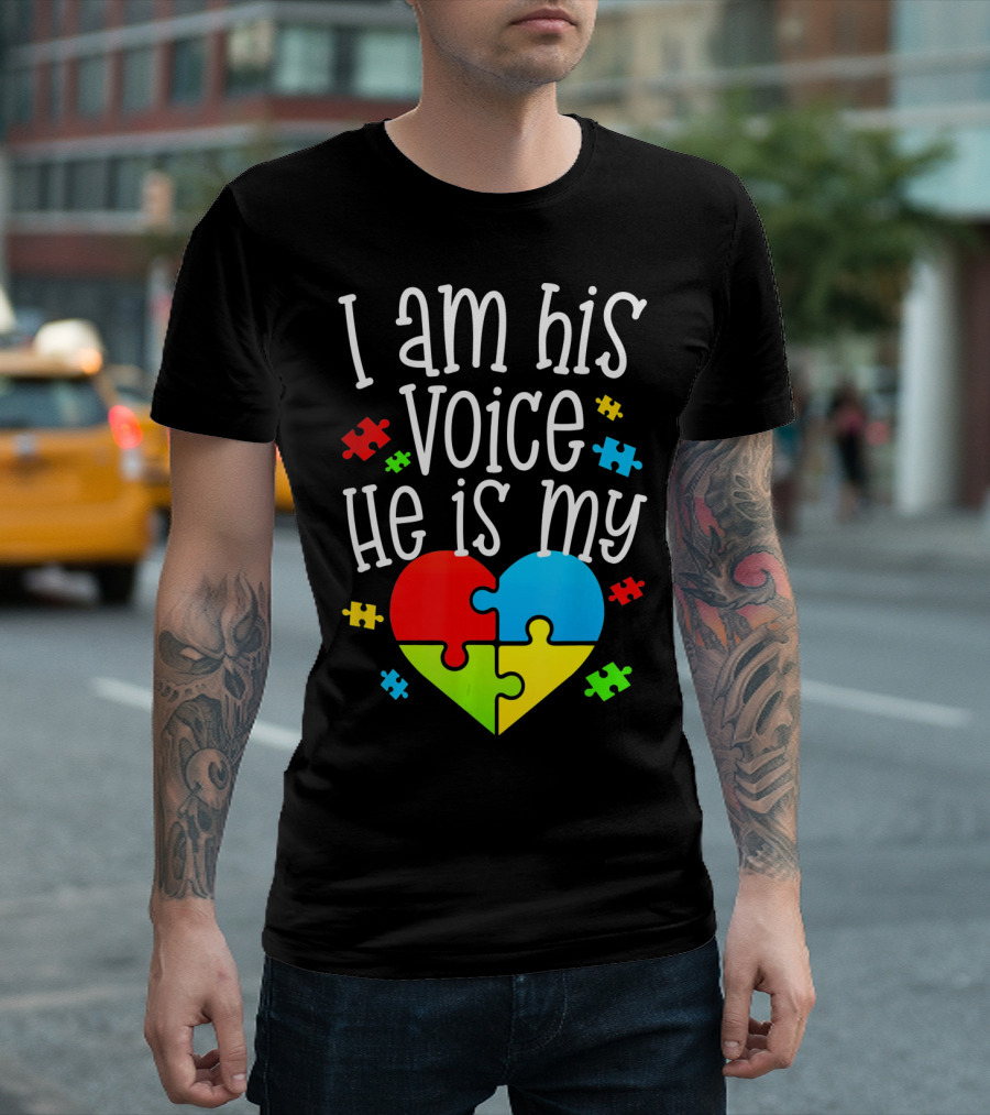 I Am His Voice He Is My Heart Autism Puzzle Pieces T-Shirt