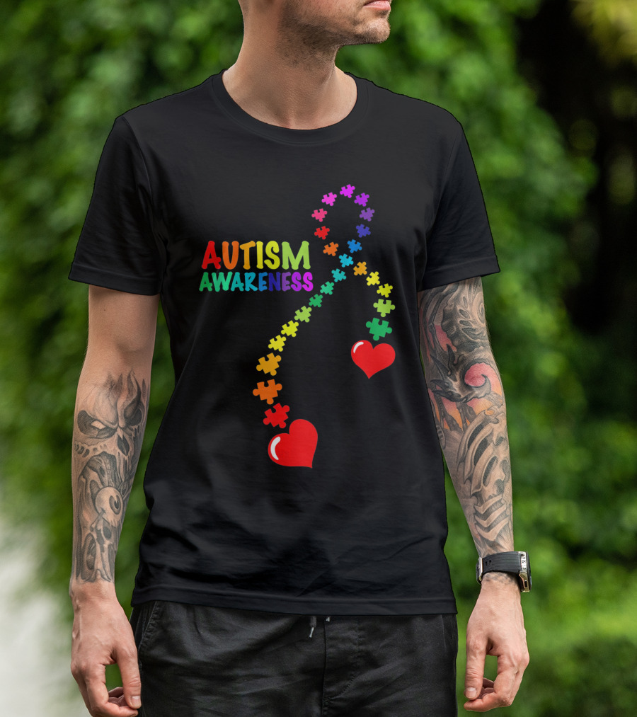 Autism Awareness Puzzle Heart Ribbon Rainbow T-Shirt