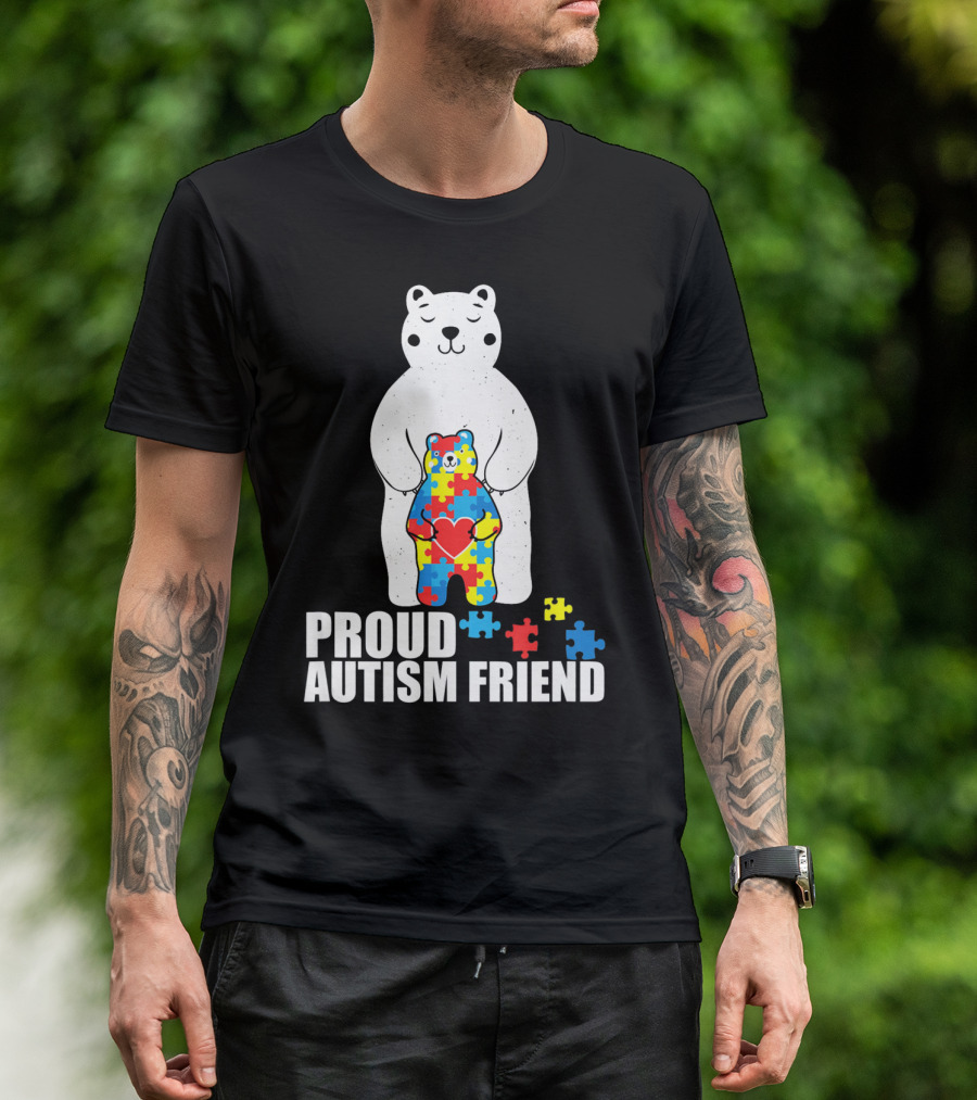 Proud Autism Friend Bear With Colorful Puzzle Pieces T-Shirt
