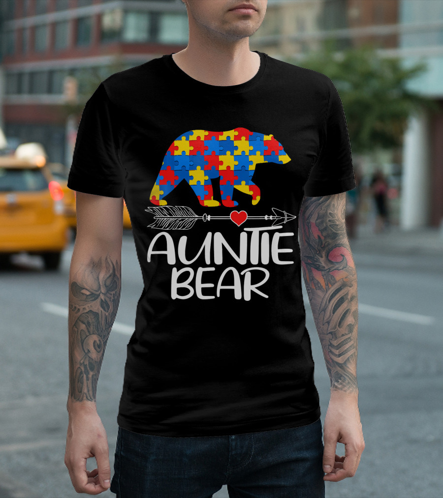 Autism Awareness Auntie Bear Puzzle Heart Arrow T-Shirt