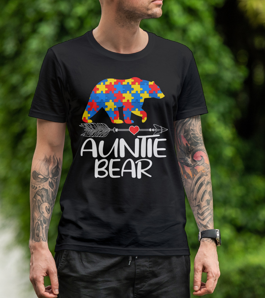 Autism Awareness Auntie Bear Puzzle Heart Arrow T-Shirt