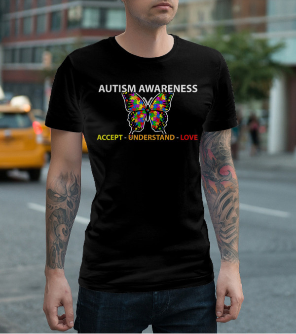 AUTISM AWARENESS Accept Understand Love Colorful Puzzle Piece Butterfly T-Shirt