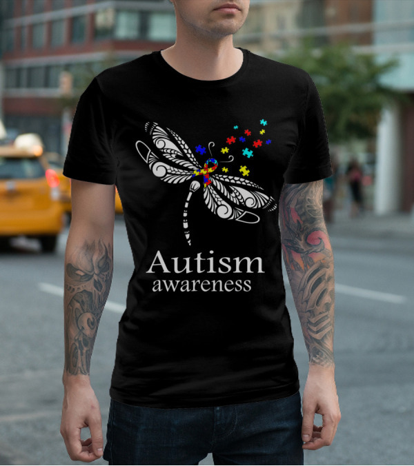 Autism Awareness Dragonfly Puzzle Pieces Symbolizing Support T-Shirt