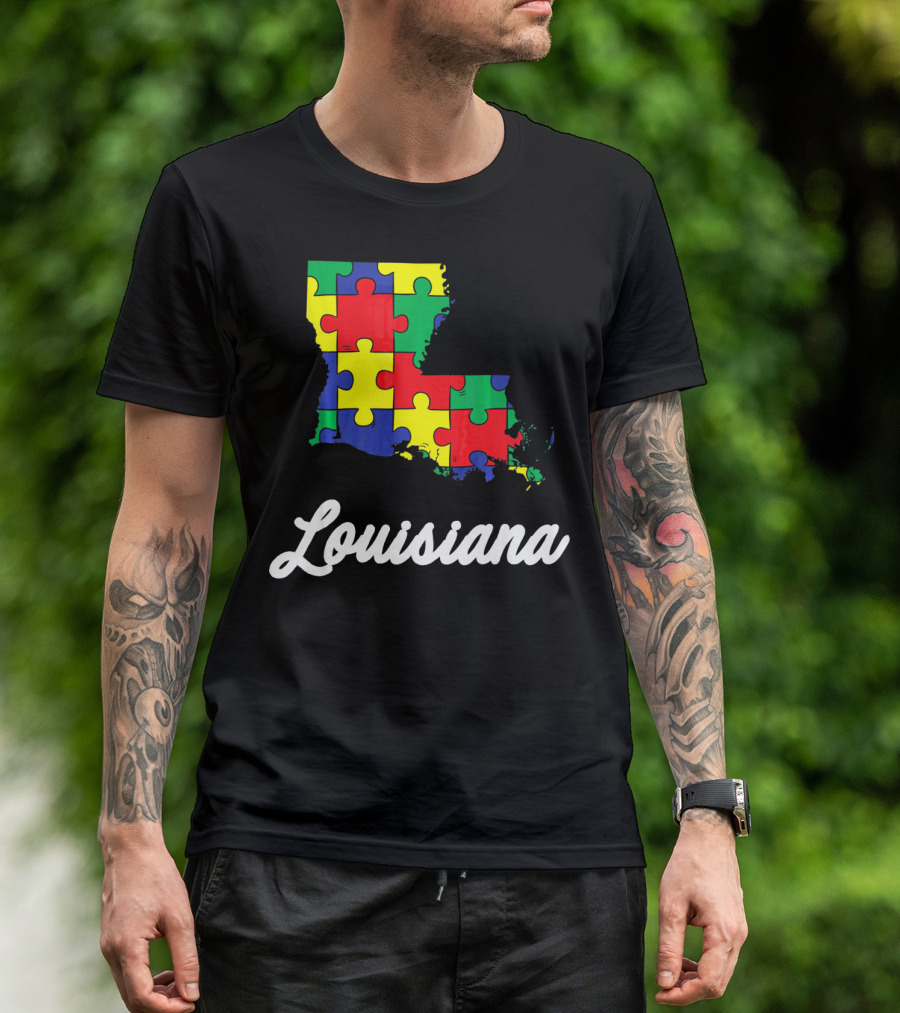 Autism Awareness Puzzle Map Louisiana T-Shirt