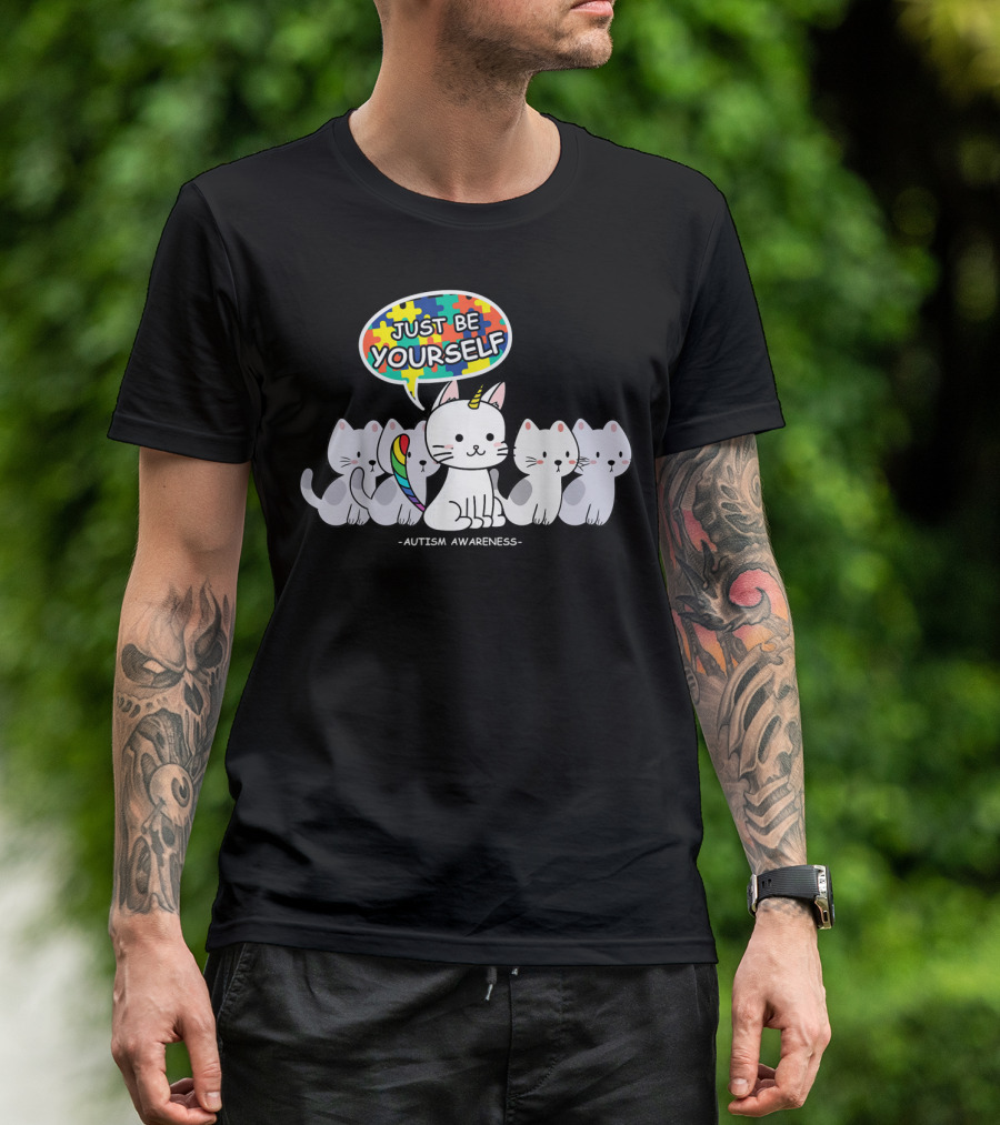 Autism Awareness Just Be Yourself Cat Unicorn With Puzzle T-Shirt