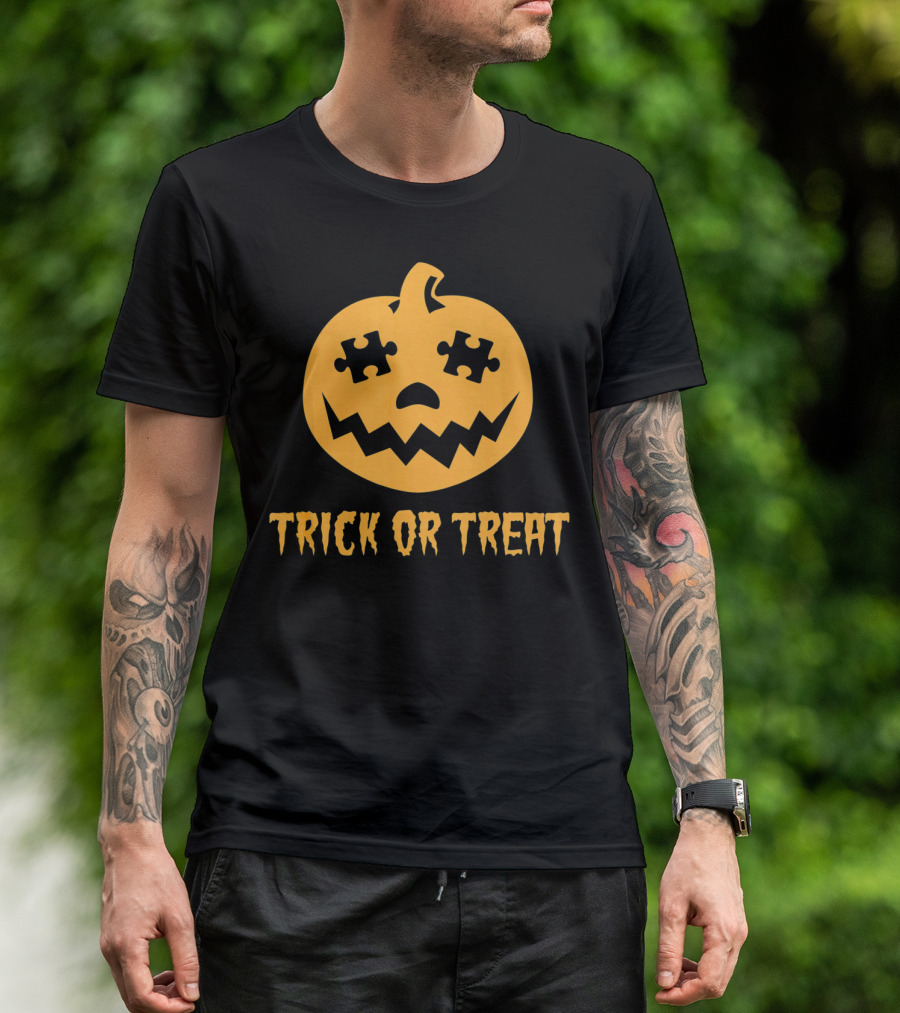 Trick Or Treat Halloween Autism Awareness Pumpkin Puzzle T-Shirt