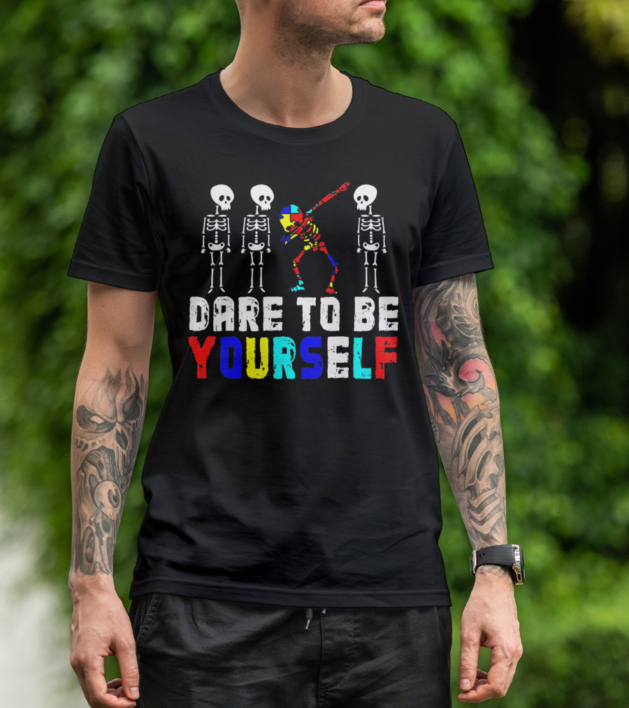 Dare To Be Yourself Skeleton Dabbing Autism Puzzle Colors T-Shirt