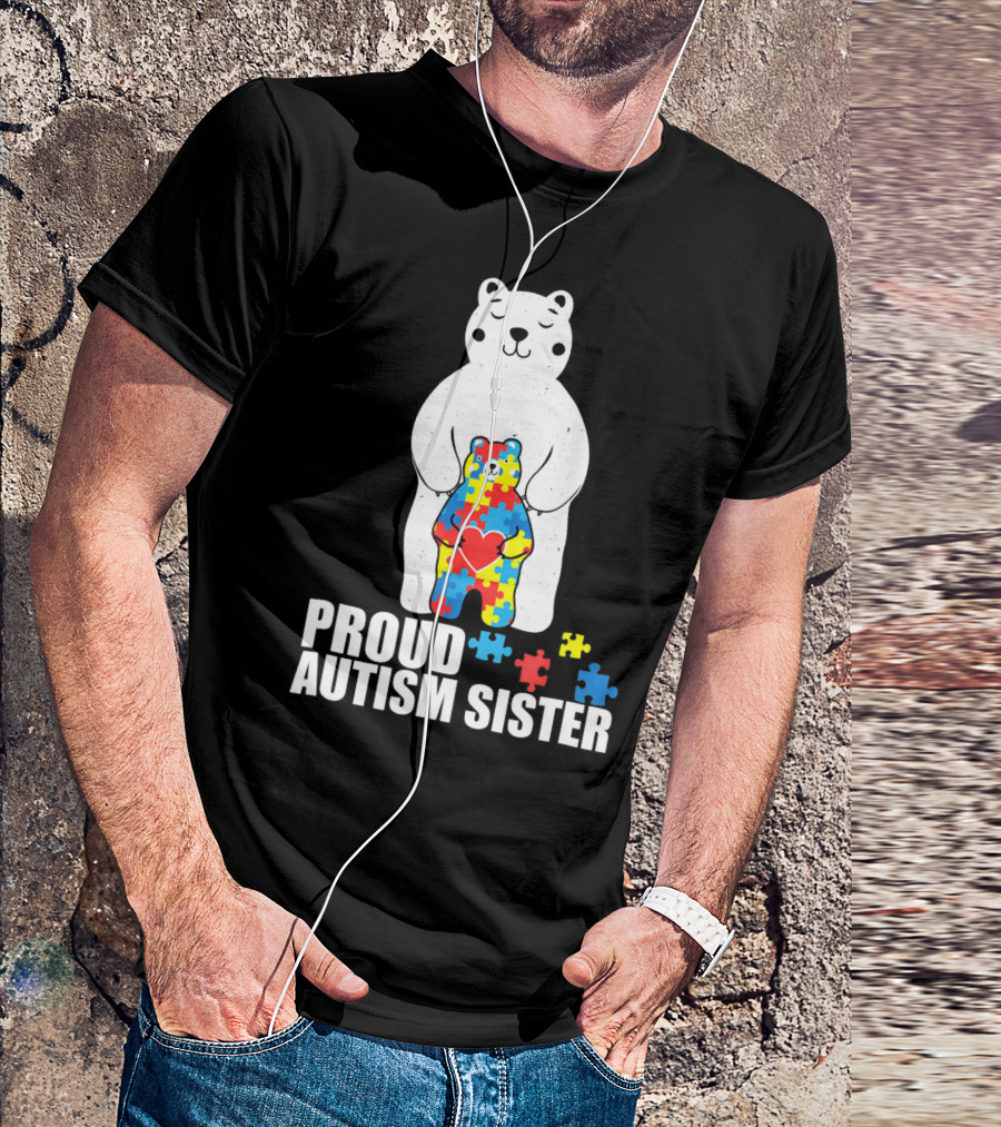 Proud Autism Sister Bear Puzzle Heart Multicolor T-Shirt