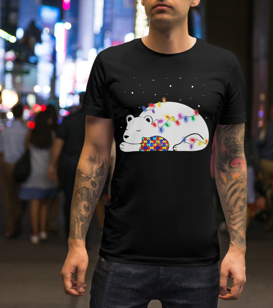 Autism Awareness Mama Bear Christmas Lights Puzzle T-Shirt