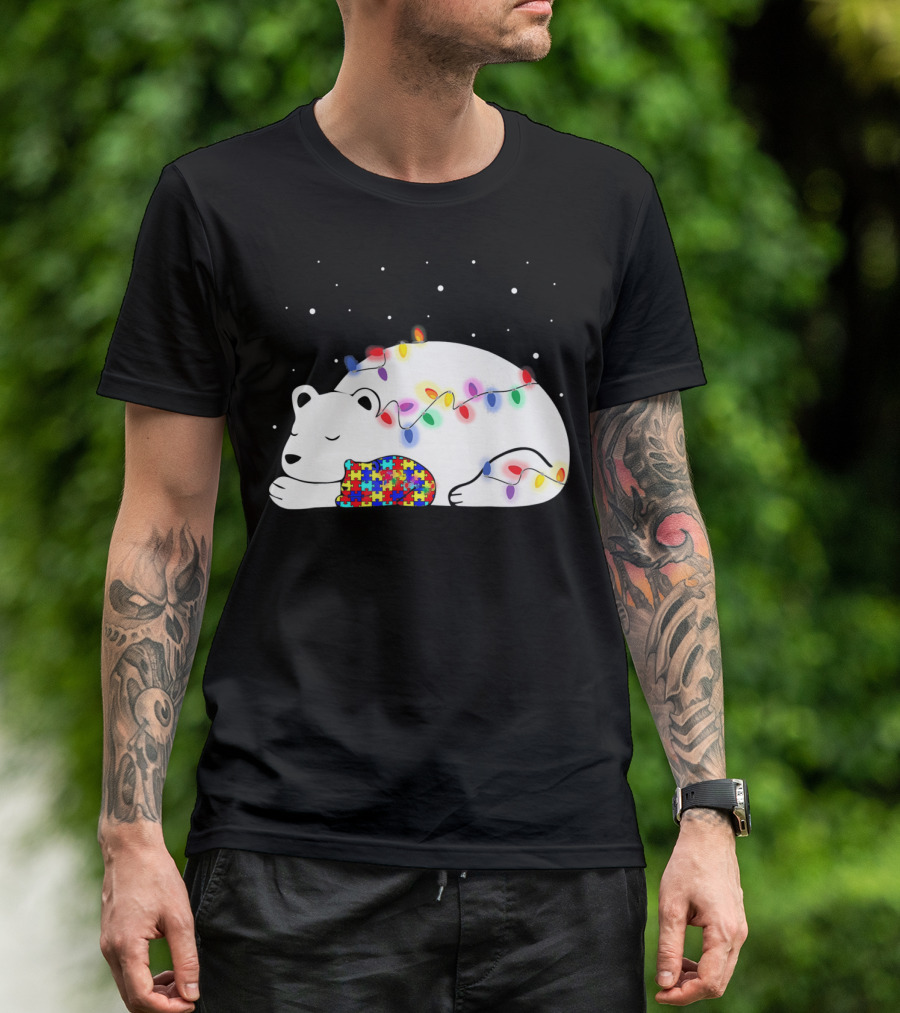 Autism Awareness Mama Bear Christmas Lights Puzzle T-Shirt