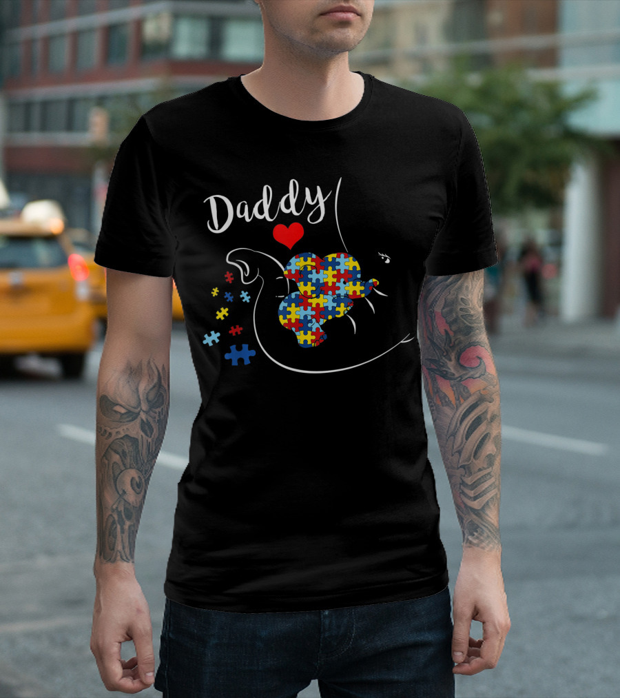 Daddy Elephant with Autism Awareness Puzzle Heart T-Shirt