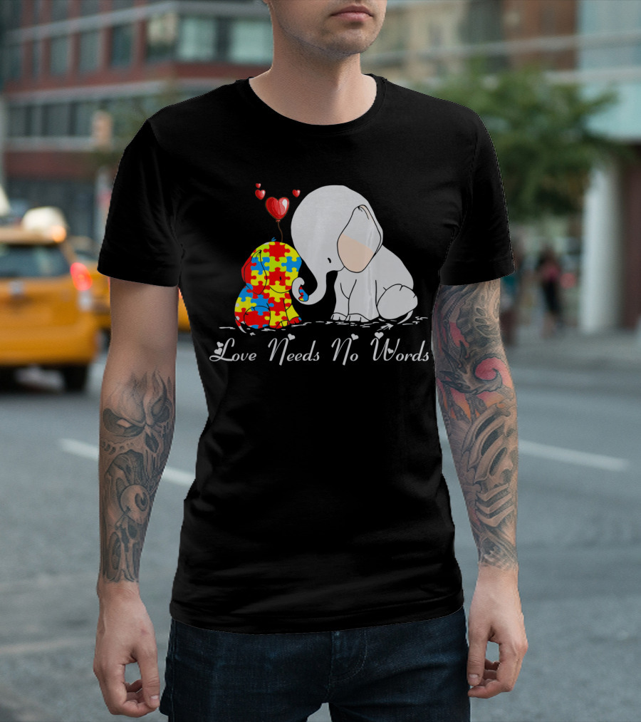 Love Needs No Words Autism Awareness Elephant Puzzle Hearts T-Shirt