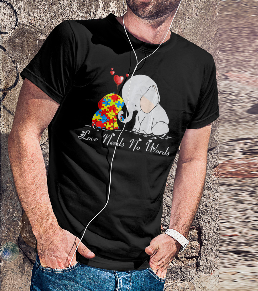 Love Needs No Words Autism Awareness Elephant Puzzle Hearts T-Shirt