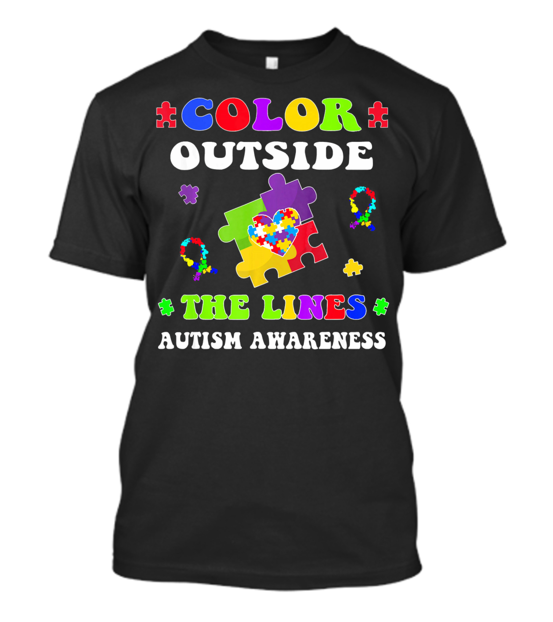 Color Outside The Lines Autism Awareness Puzzle Piece Heart T-Shirt