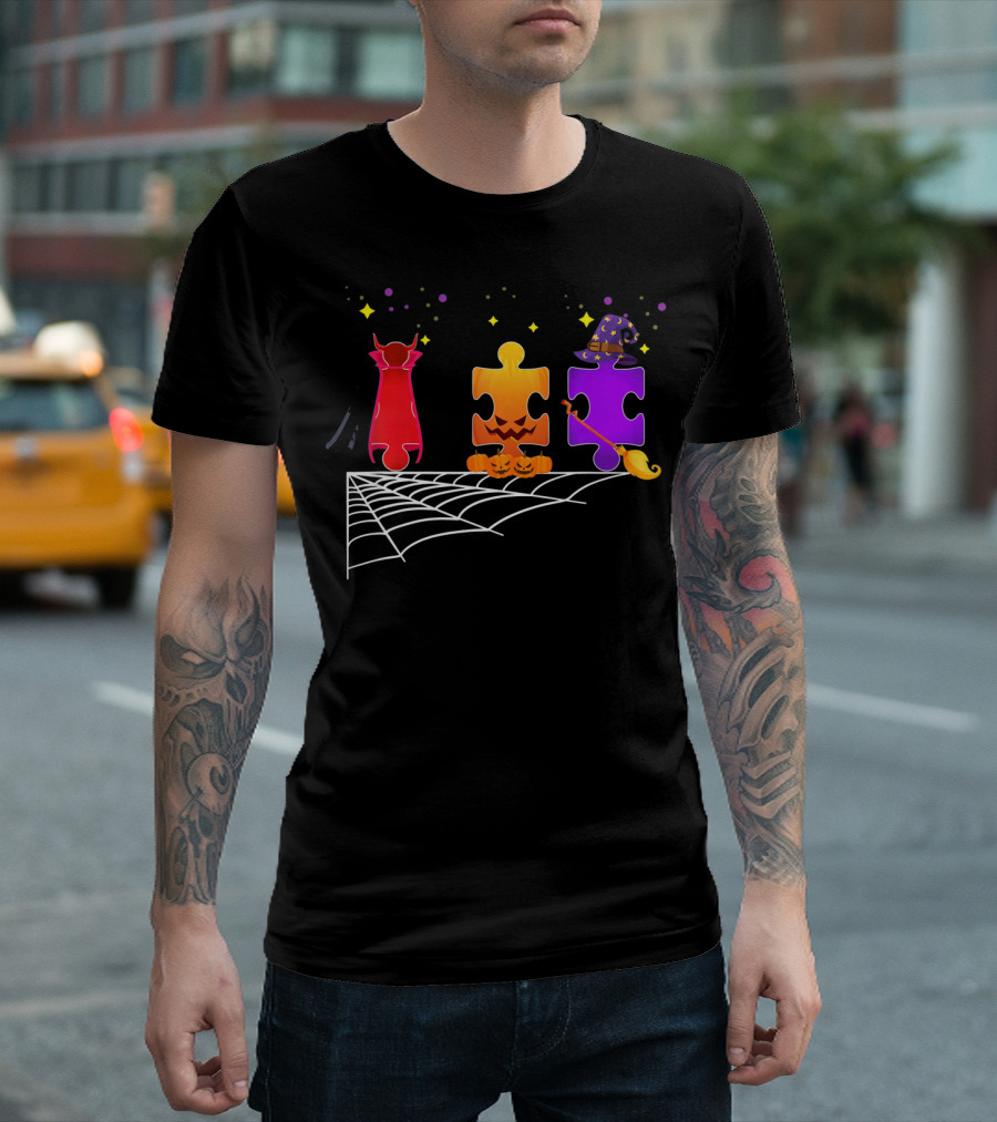Autism Puzzle Pieces Halloween Witch And Vampire T-Shirt