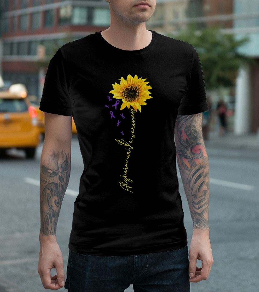 Sunflower Purple Ribbons Alzheimer's Awareness T-Shirt