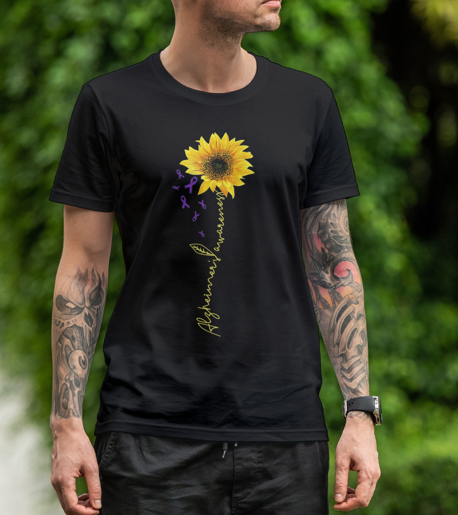 Sunflower Purple Ribbons Alzheimer's Awareness T-Shirt