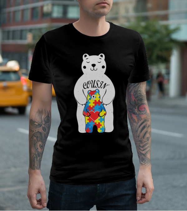 Cousin Bear Holding Autism Awareness Puzzle Heart ASD T-Shirt