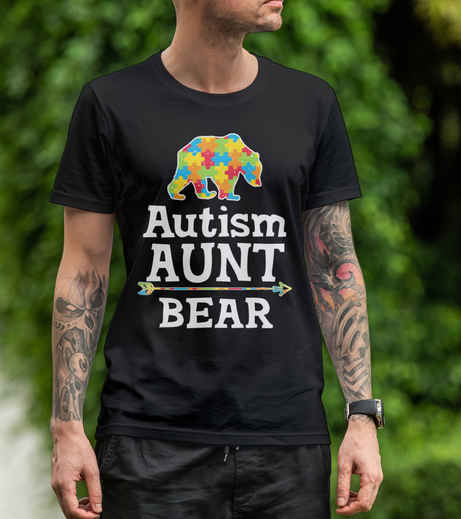 Autism Awareness Aunt Bear Puzzle Pattern Arrow T-Shirt
