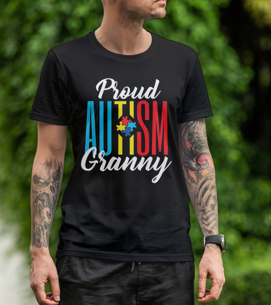Proud Autism Granny With Colorful Puzzle Awareness T-Shirt