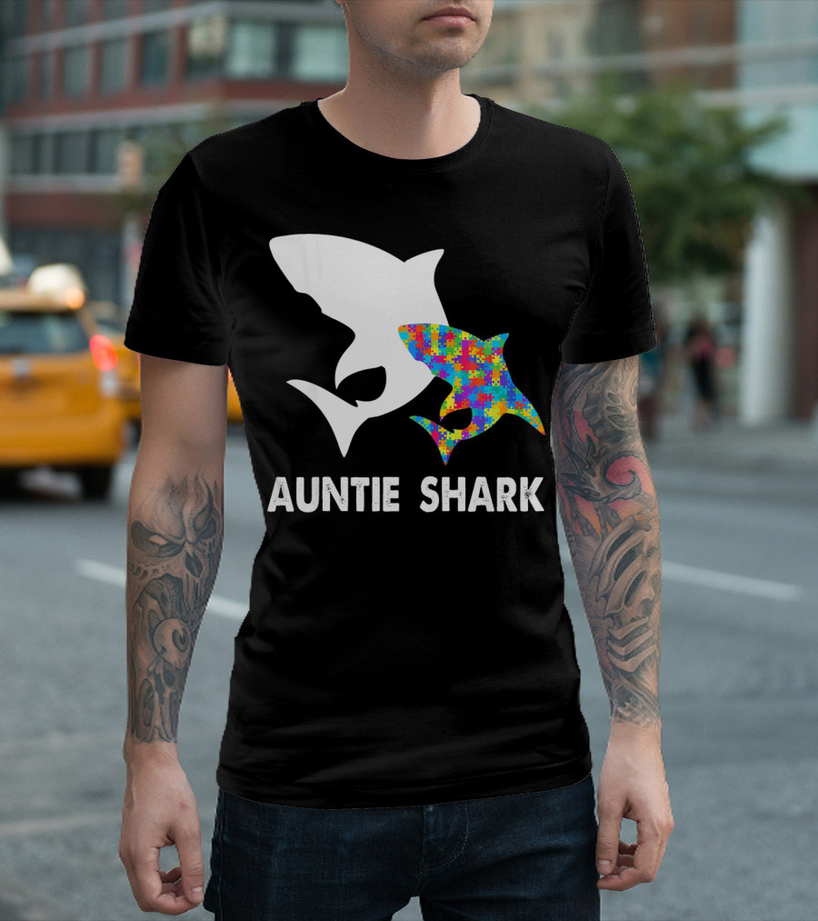 Auntie Shark Autism Puzzle Piece Warrior T-Shirt