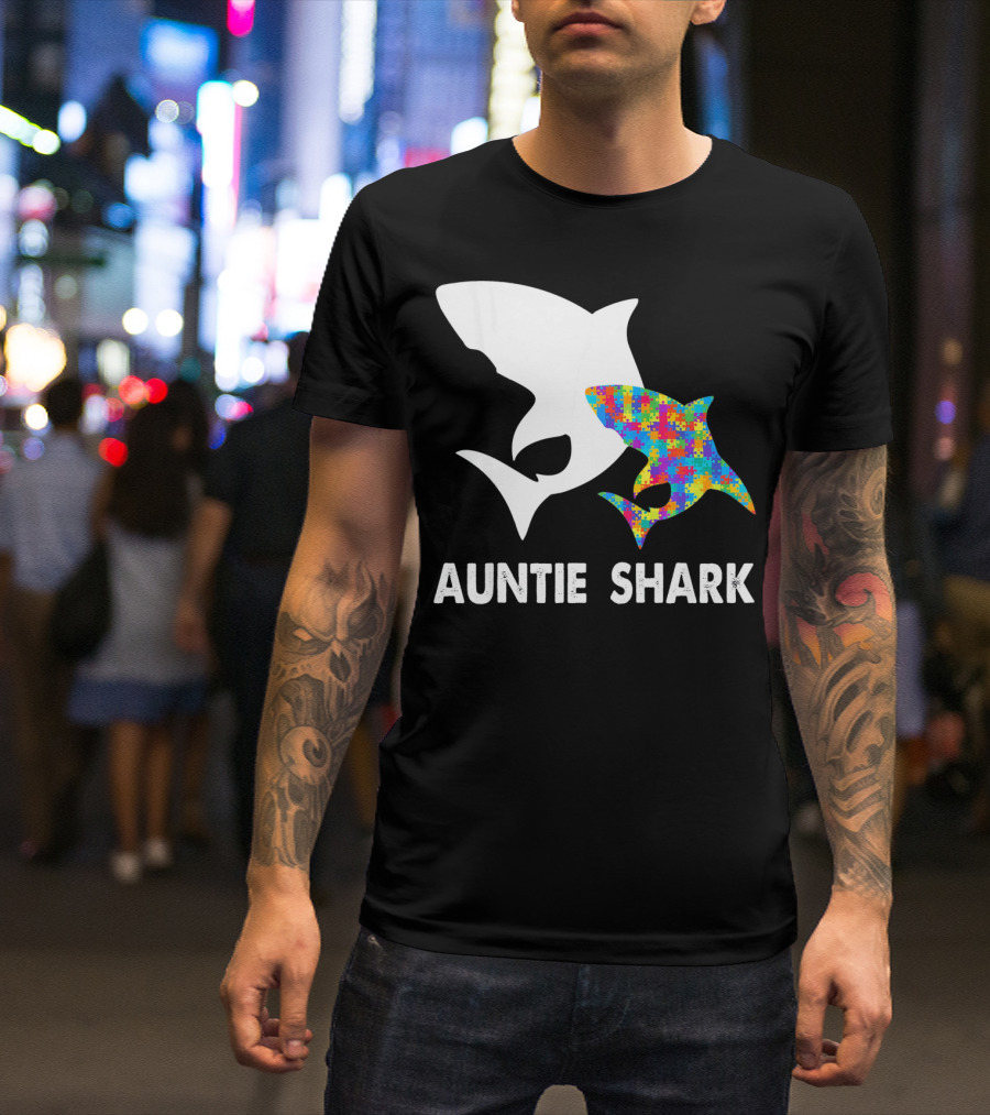 Auntie Shark Autism Puzzle Piece Warrior T-Shirt