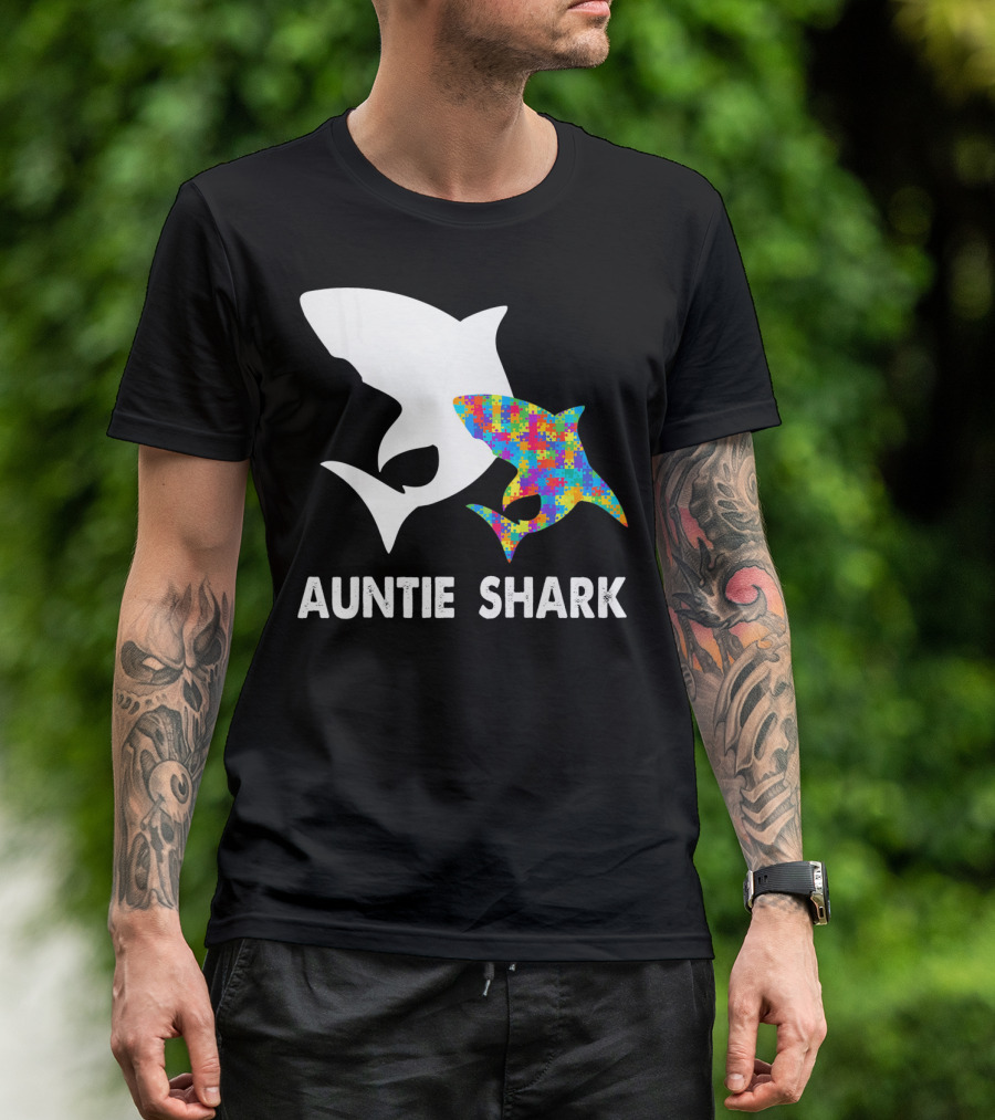 Auntie Shark Autism Puzzle Piece Warrior T-Shirt