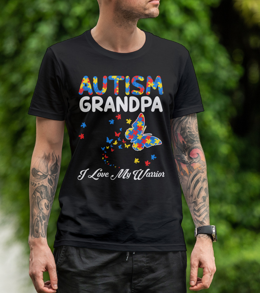 Autism Grandpa I Love My Warrior Butterfly Puzzle T-Shirt