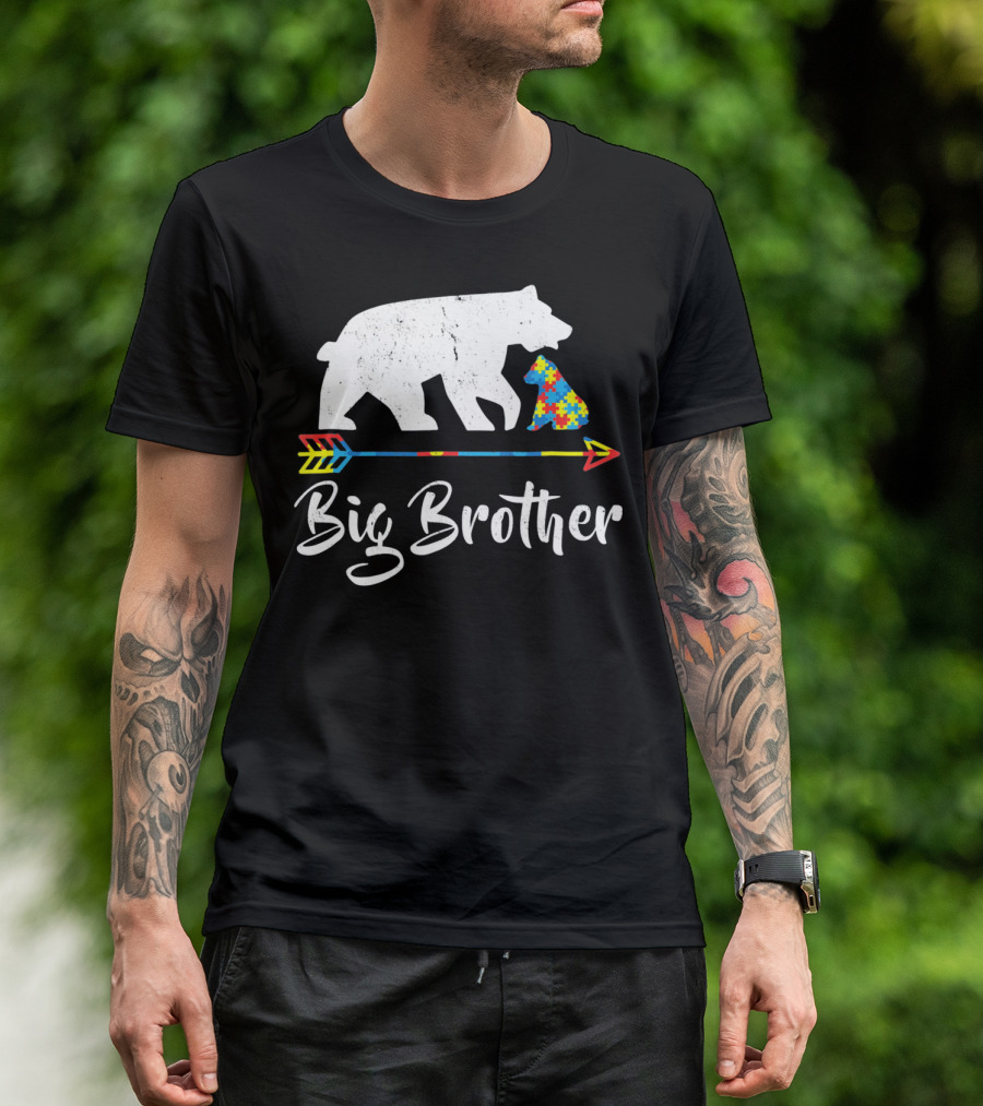 Big Brother Bear Autism Awareness Puzzle Pattern Arrow T-Shirt