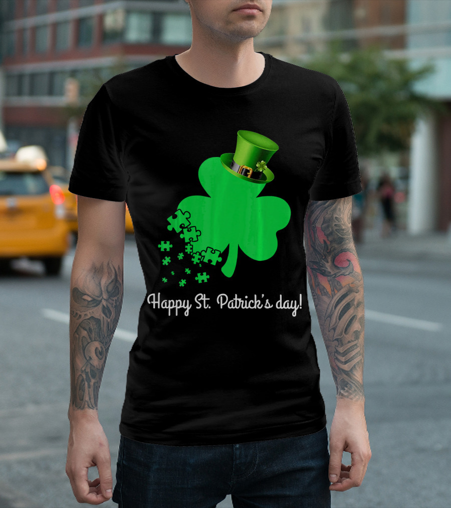 Happy St. Patrick's Day Shamrock with Puzzle Pieces Autism Awareness T-Shirt