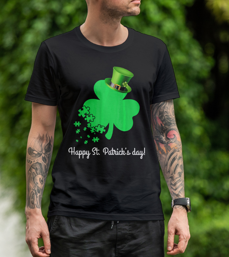 Happy St. Patrick's Day Shamrock With Puzzle Pieces Autism Awareness T-Shirt