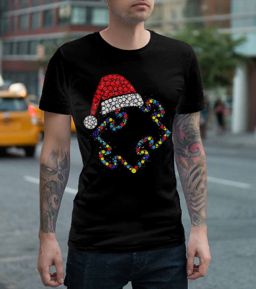 Santa Hat with Colorful Puzzle Pieces Autism Awareness T-Shirt