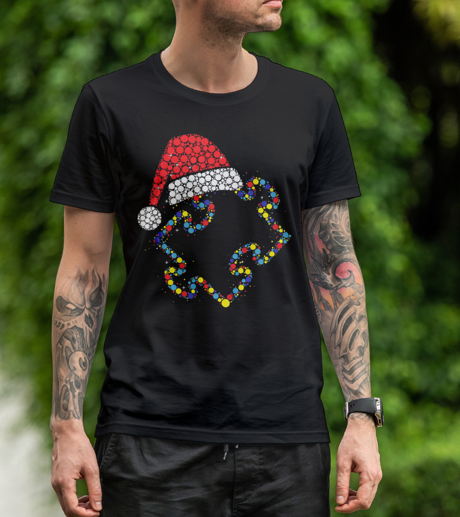Santa Hat With Colorful Puzzle Pieces Autism Awareness T-Shirt