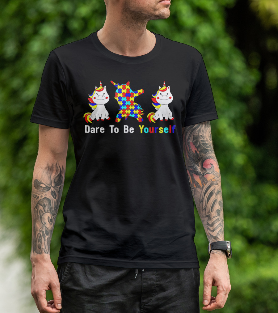 Dare To Be Yourself Autism Awareness Unicorn Puzzle Dabbing T-Shirt