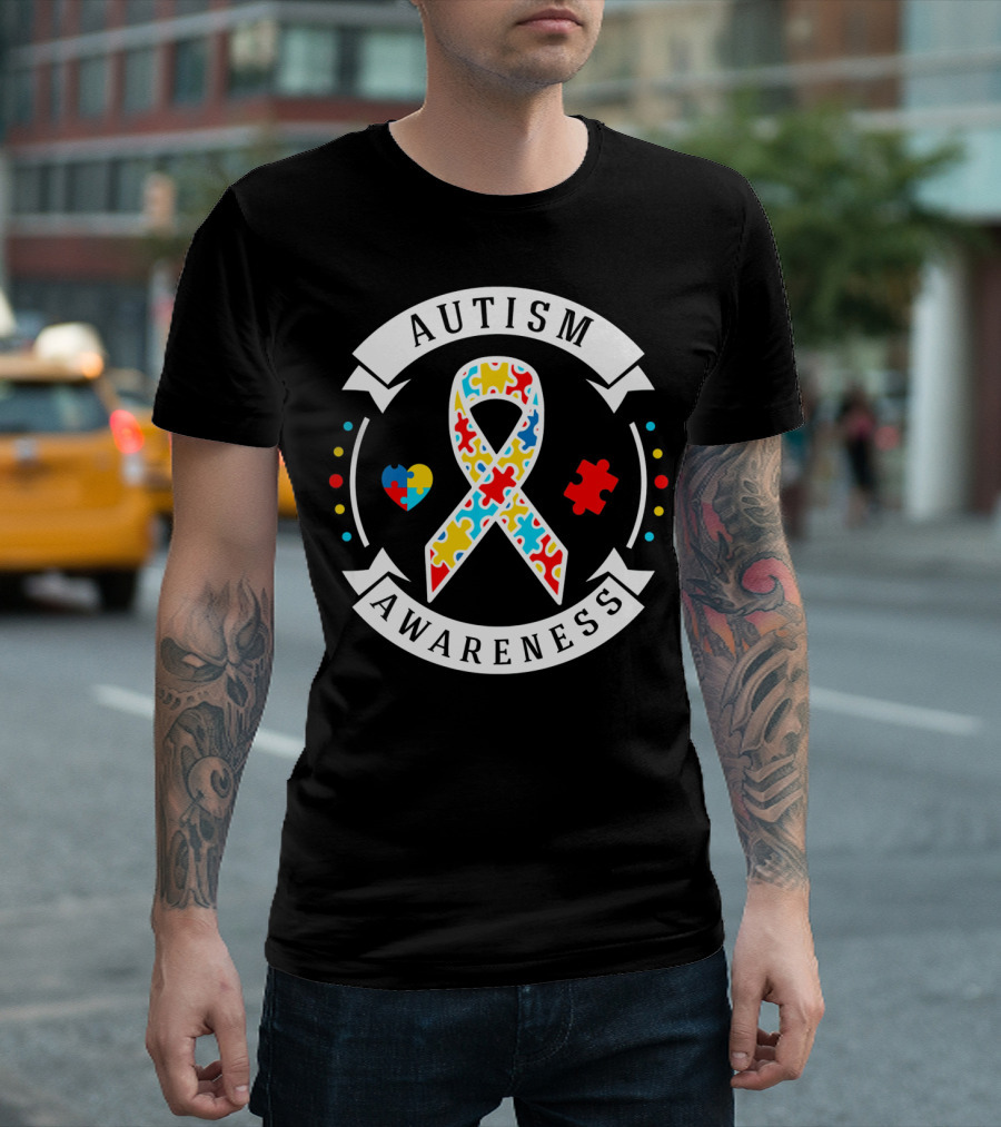 Autism Awareness White Puzzle Piece Ribbon Heart T-Shirt