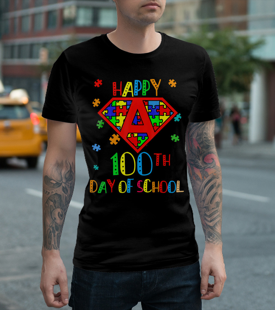 Happy 100th Day of School Teacher Autism Superhero Puzzle T-Shirt