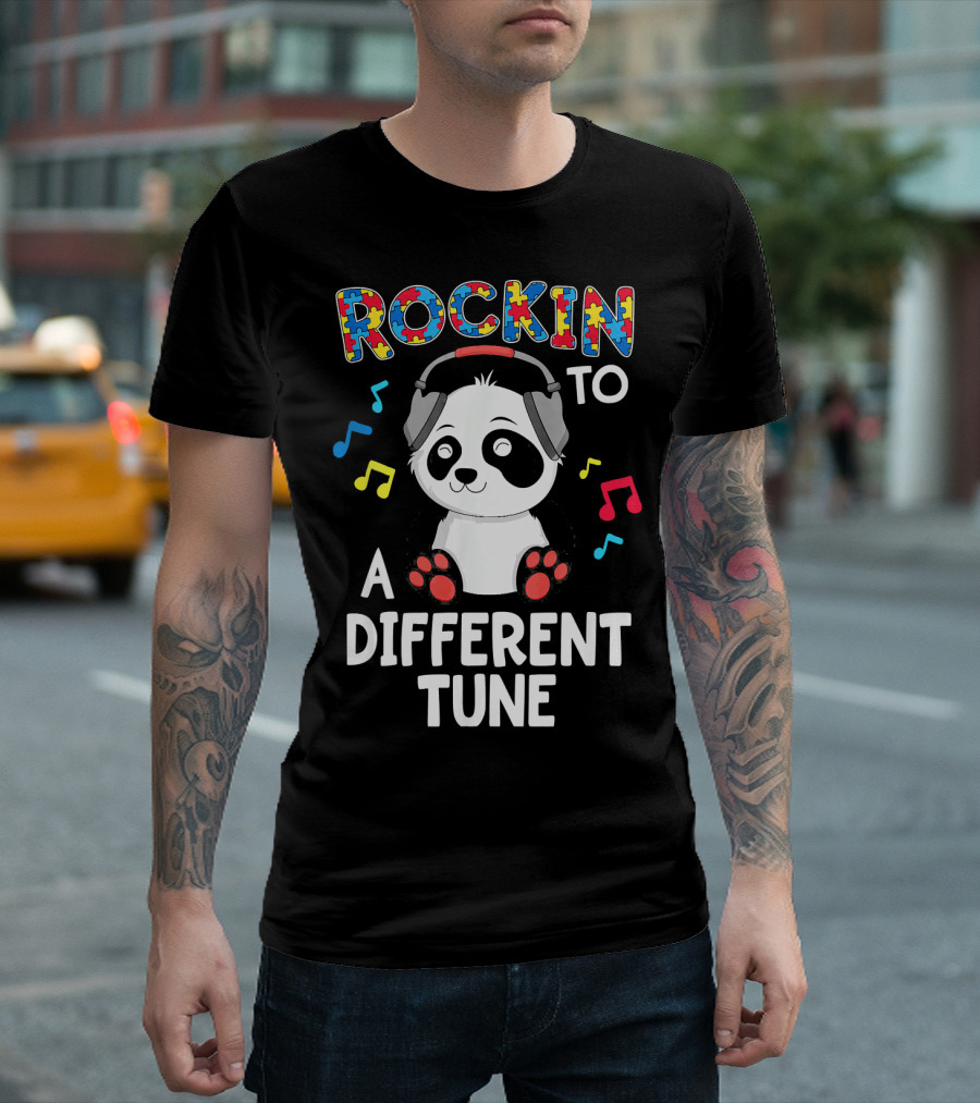 Rockin To A Different Tune Panda Autism Headphones Puzzle Music Notes T-Shirt