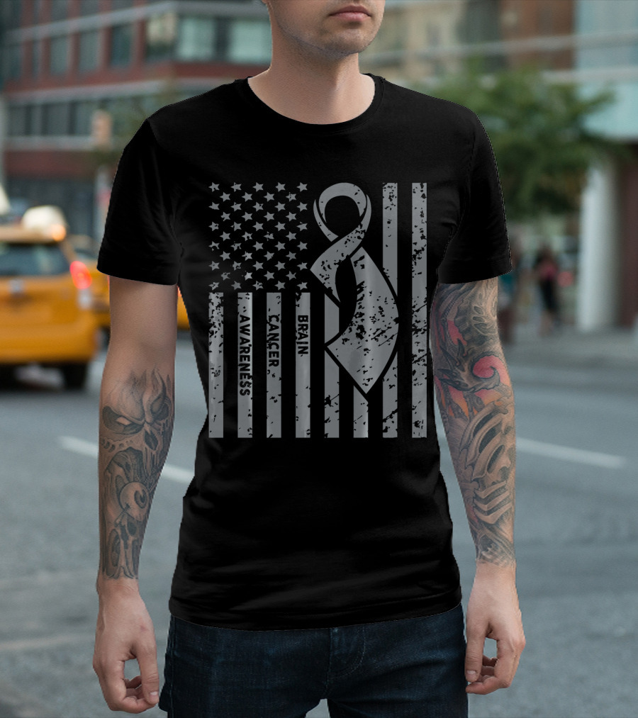 Brain Cancer Awareness Ribbon American Flag T-Shirt