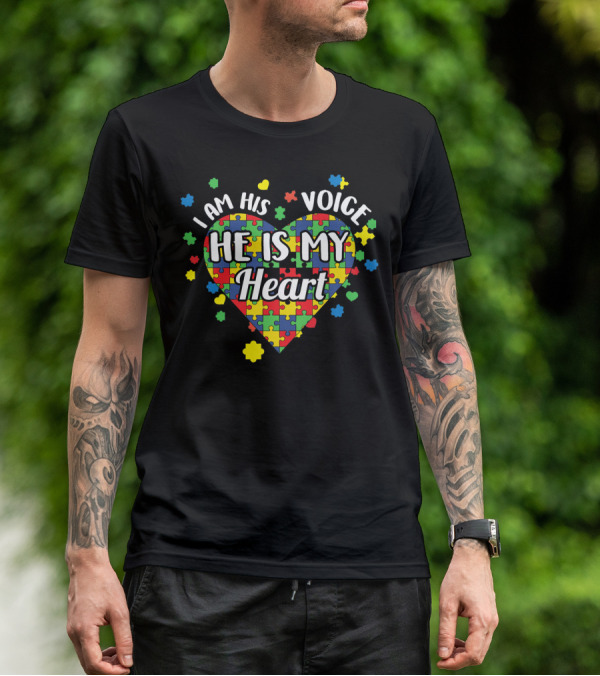 I Am His Voice He Is My Heart Autism Awareness Puzzle Heart T-Shirt