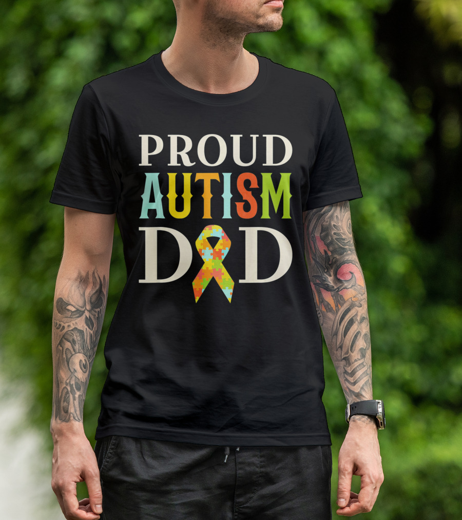 Proud Autism Dad Multicolor Puzzle Ribbon Awareness T-Shirt