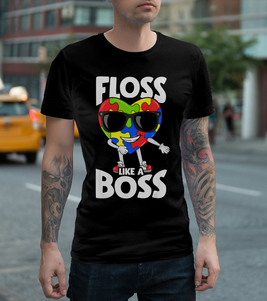 Autism Awareness Floss Like A Boss Puzzle Heart Wearing Sunglasses T-Shirt