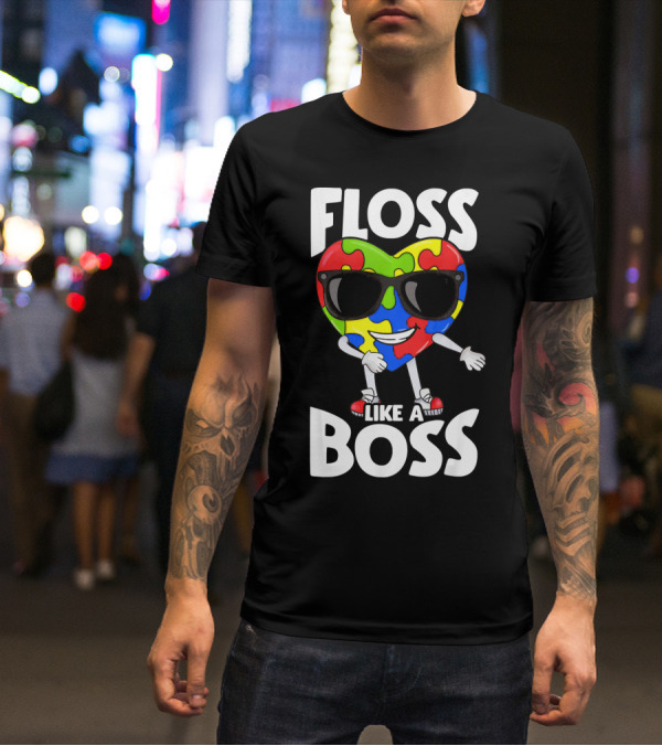 Autism Awareness Floss Like A Boss Puzzle Heart Wearing Sunglasses T-Shirt
