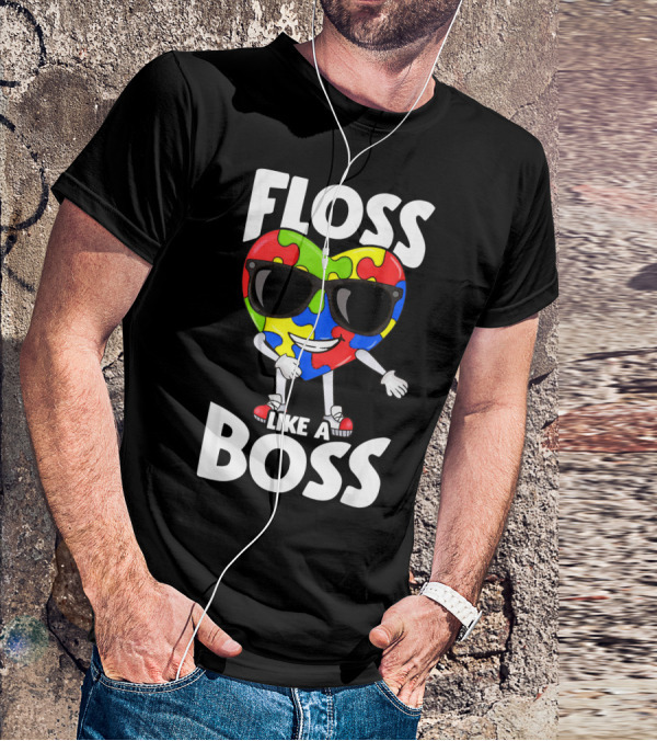 Autism Awareness Floss Like A Boss Puzzle Heart Wearing Sunglasses T-Shirt