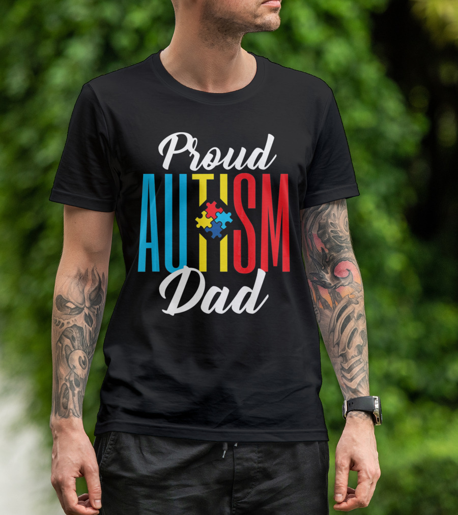 Proud Autism Dad Puzzle Piece Awareness Support T-Shirt