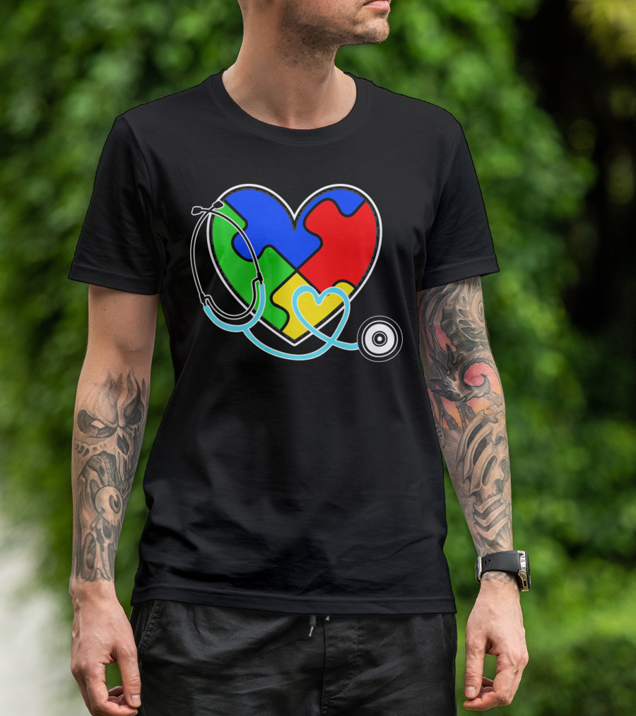 Nurses Autism Awareness Heart With Puzzle Pieces And Stethoscope T-Shirt