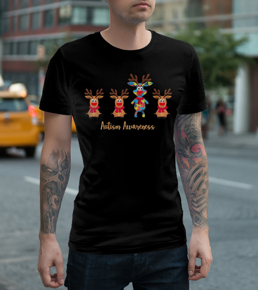 Autism Awareness Reindeer with Puzzle Pattern Symbols T-Shirt