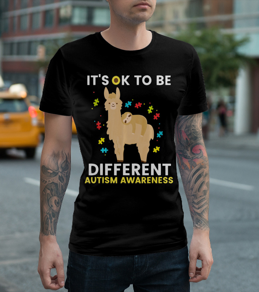 It's OK to Be Different Llama Sloth Autism Awareness T-Shirt